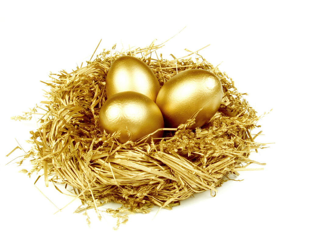Gold egg in the gold nest, isolated on white
